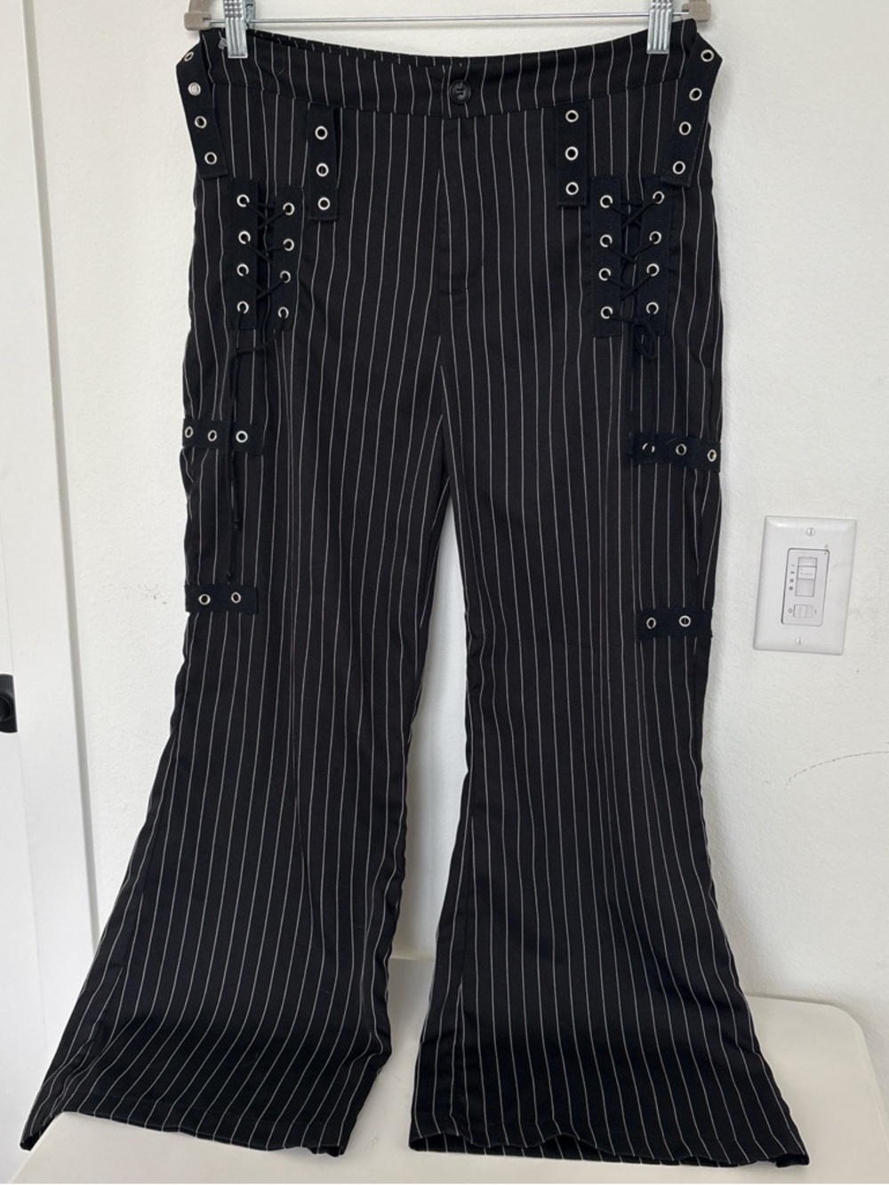 ROMWE Black Pinstripe Lace-Up Boot Cut Pants
